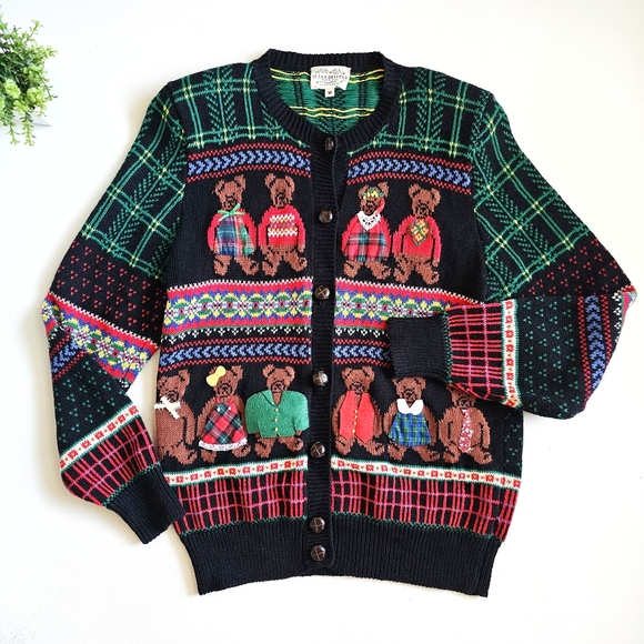 Vintage 1992 Susan Bristol Hand Knit Bear Pattern Colorful Cardigan Sweater Sz S - Picture 3 of 15
